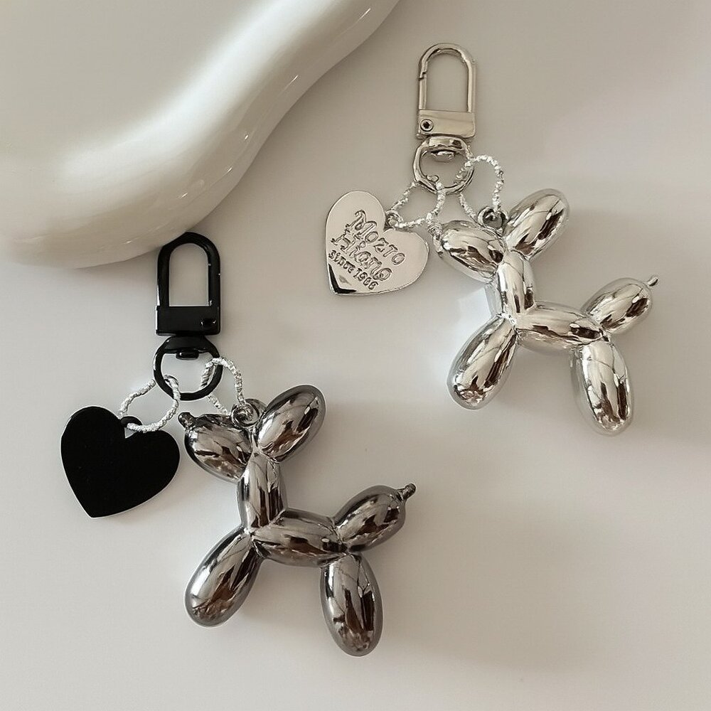 Set of 2 Cute Balloon Dog with ball & heart Charm Keychains Mirror - Picture 4 of 7